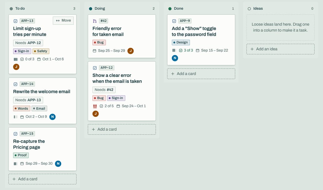 A board of tasks in columns: To do, Doing, Done and Ideas.
