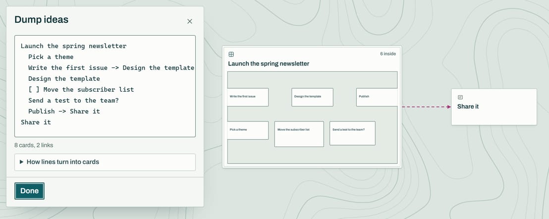 A typed list about launching a newsletter, and the same list drawn as cards beside it.